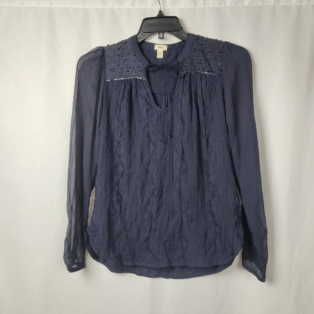 Anthropologie | Tiny Embroidered Split-Neck Blue Top Peasant Boho  Size XS
